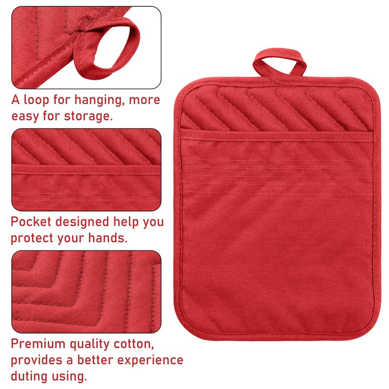 GROBRO7 5Pack Pocket Pot Holders Cotton Heat Resistant Potholder Multipurpose Hot Pads Machine Washable Oven Mitts Potholders Bulk for Daily Kitchen Baking and Cooking 7 x 9 Inch Red - Image 3